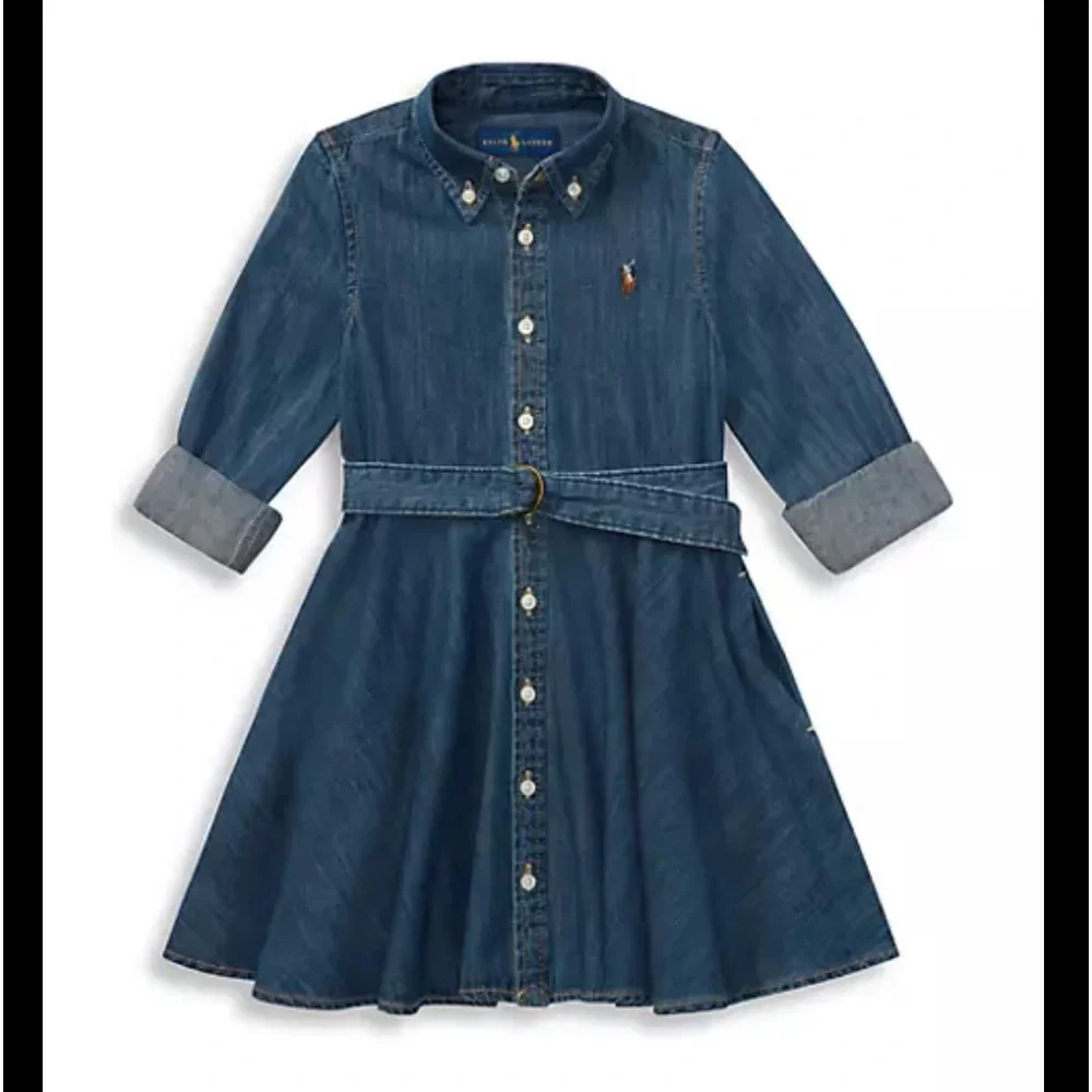 Ralph Lauren Girls' Denim Shirt Dress in Dark Blue with Contrast Cuffs